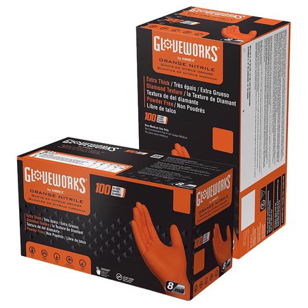 Gloveworks GWON, Nitrile Disposable Gloves, 8 mil Palm, Nitrile, Powder-Free, XL, 100 PK, Orange GWON46100